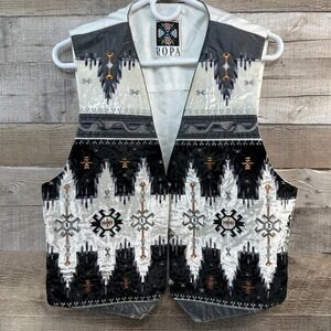 ROPA Western Aztec Print Velvet Vest Women's Large Black White Metallic